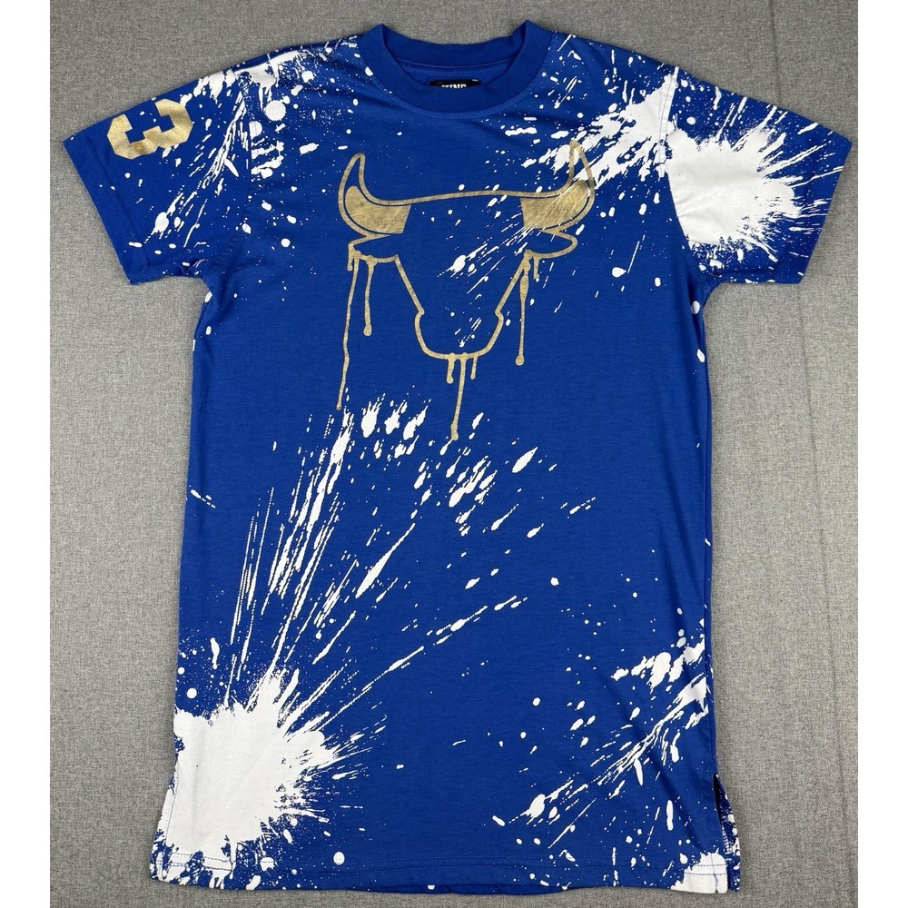 King Clothing Mens XL T Shirt Blue Gold Bull Paint Splatter Graphic Streetwear